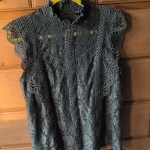 Cable & Gauge Lace Blouse - Dark Green